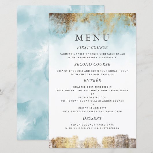 Ethereal Blue Watercolor Gold Wedding Dinner Menü (Vorne/Hinten)