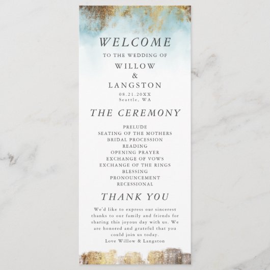 Ethereal Blue Watercolor und Gold Hochzeitsfeier Programm (Vorderseite)