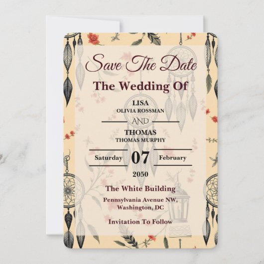 Ethereal Boho Feather Wildflower Wedding Motif Save The Date (Vorderseite)