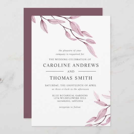 Ethereal Burgundy | Hochzeit von botanischen Blätt Einladung (Vorne/Hinten)