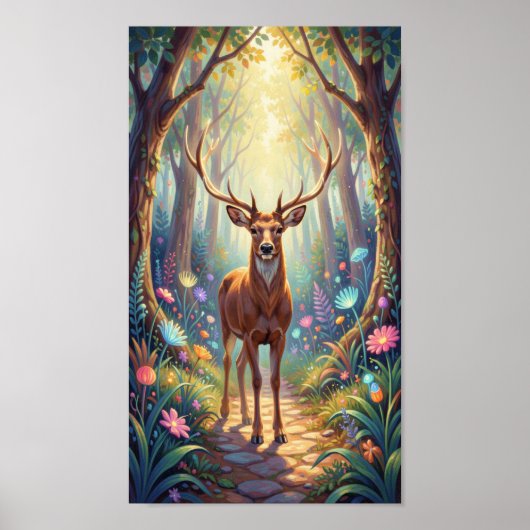 Ethereal Deer in Luminous Forest Path Poster (Vorne)
