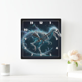 Ethereal Dinosaurier Skelett in Motion at Night Quadratische Wanduhr