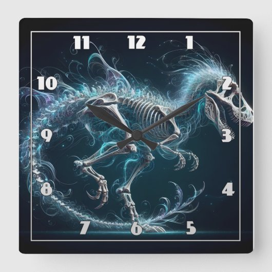 Ethereal Dinosaurier Skelett in Motion at Night Quadratische Wanduhr (Vorderseite)