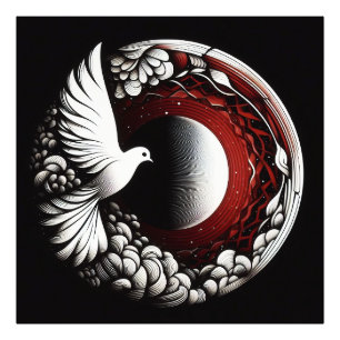 Ethereal Dove Planet - Noir Ink und Red Mandala Fotodruck