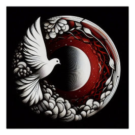 Ethereal Dove Planet - Noir Ink und Red Mandala Poster