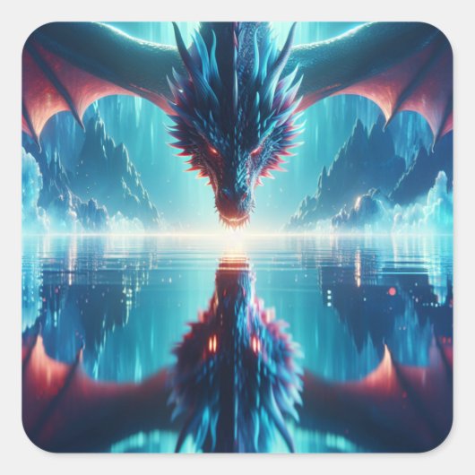 Ethereal Dragon Reflection AI Art Quadratischer Aufkleber (Vorderseite)