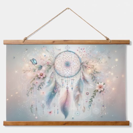Ethereal Dreamcatcher mit Feathers & Blume Wandteppich Mit Holzrahmen (Vorderseite)