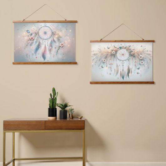 Ethereal Dreamcatcher mit Feathers & Blume Wandteppich Mit Holzrahmen (Asymmetrisch)