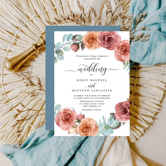 Ethereal Dusty Blue, Blush Floral Encircle Wedding Einladung