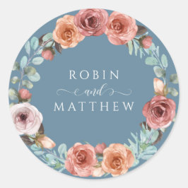 Ethereal Dusty Blue, Blush Peach Blumenhochzeit Runder Aufkleber