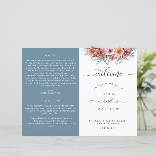 Ethereal Dusty Blue, Floral Wedding Program (Stehend Vorderseite)