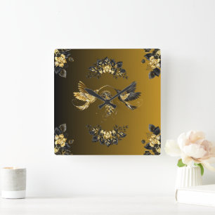 Ethereal-Einheit: Schwarze und goldene grafische K Quadratische Wanduhr