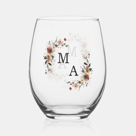 Ethereal Elegance Boho Wreath Wedding Monogram Weinglas Ohne Stiel (Rückseite)