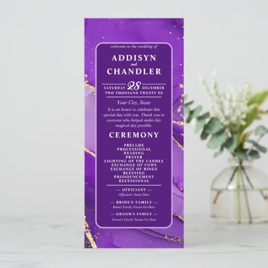 Ethereal Elegance: Lila geode-Inspiriert Hochzeit Programm (Stehend Vorderseite)