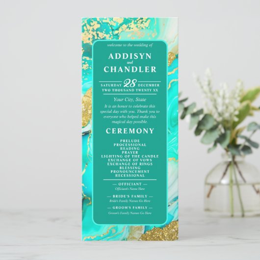 Ethereal Elegance Türkis Geode Inspiriert Hochzeit Programm (Stehend Vorderseite)