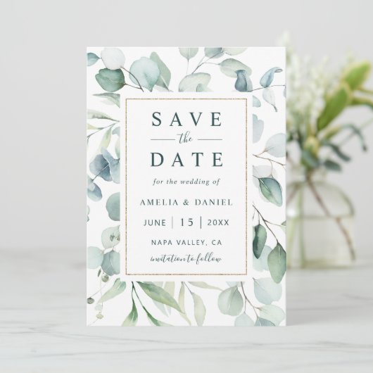 Ethereal Eukalyptus Gold Greenerity Wedding Save The Date (Stehend Vorderseite)