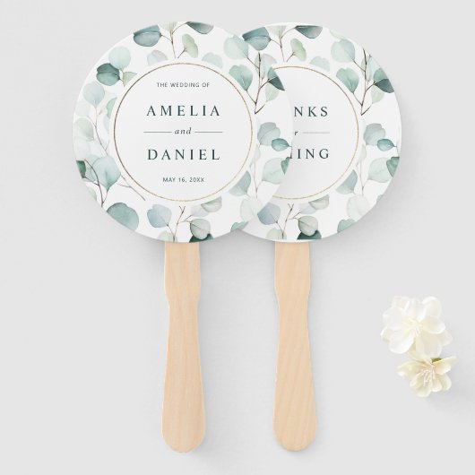 Ethereal Eukalyptus Gold Rahmen Greenerity Wedding Fächer (Vorne und Hinten)