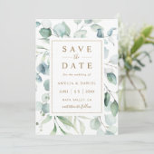 Ethereal Eukalyptus Gold Script Greenery Wedding Save The Date (Stehend Vorderseite)