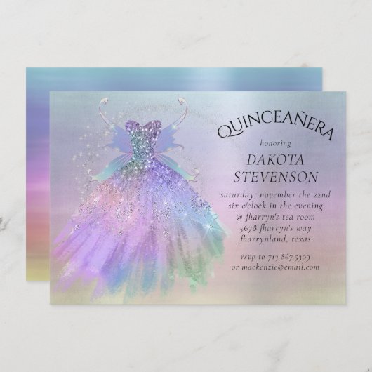 Ethereal Fairy Wing Gown | Rainbow Pastel Sheen Einladung (Vorne/Hinten)