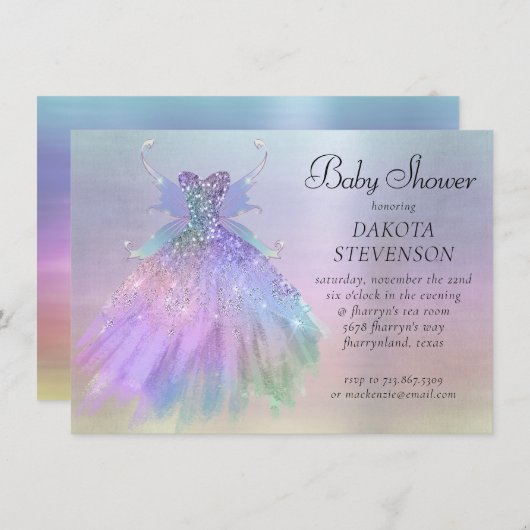 Ethereal Fairy Wing Gown | Rainbow Pastel Sheen Einladung (Vorne/Hinten)