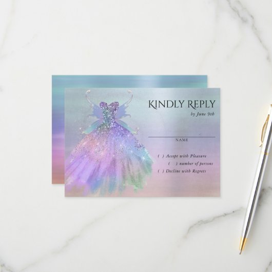 Ethereal Fairy Wing Gown | Rainbow Pastel Sheen RSVP Karte (Vorderseite/Rückseite Beispiel)