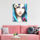 Ethereal Frau mit Blume in ihrem blauen Haar Leinwanddruck (Insitu (Wohnzimmer))