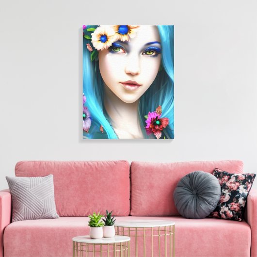 Ethereal Frau mit Blume in ihrem blauen Haar Leinwanddruck (Insitu (Wohnzimmer))