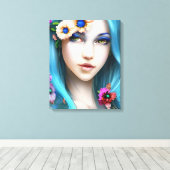 Ethereal Frau mit Blume in ihrem blauen Haar Leinwanddruck (Insitu (Holzboden))