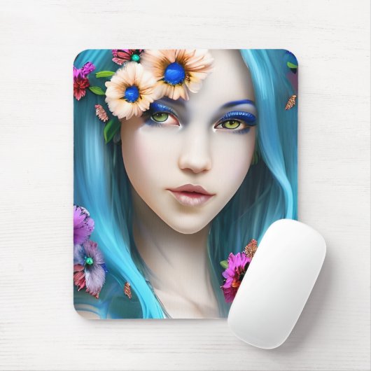 Ethereal Frau mit Blume in ihrem blauen Haar Mousepad (Mit Mouse)
