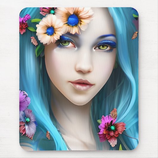 Ethereal Frau mit Blume in ihrem blauen Haar Mousepad (Vorne)