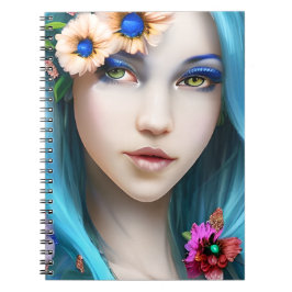 Ethereal Frau mit Blume in ihrem blauen Haar Notizblock