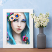 Ethereal Frau mit Blume in ihrem blauen Haar Poster