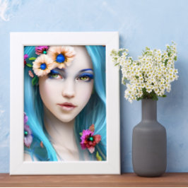 Ethereal Frau mit Blume in ihrem blauen Haar Poster