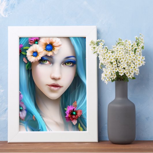 Ethereal Frau mit Blume in ihrem blauen Haar Poster