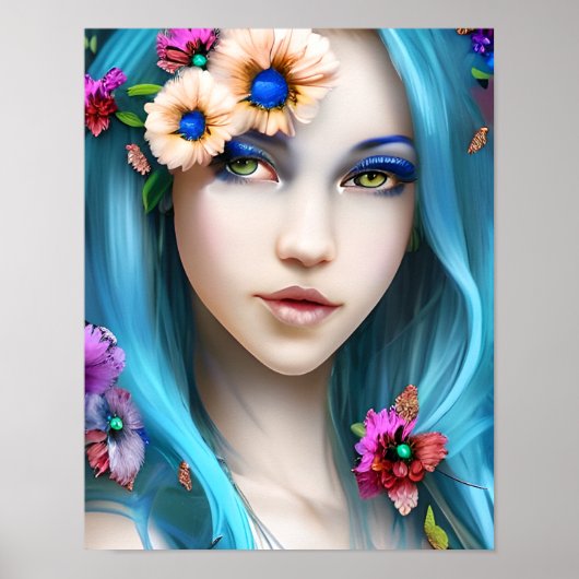 Ethereal Frau mit Blume in ihrem blauen Haar Poster (Vorne)