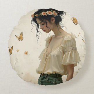 Ethereal Girl with Butterflies in Nature Rundes Kissen