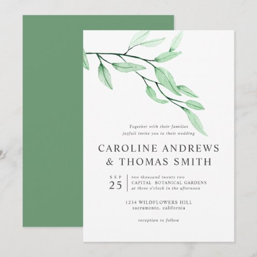 Ethereal Green | Chic Botanical Blätter Hochzeit Einladung (Vorne/Hinten)