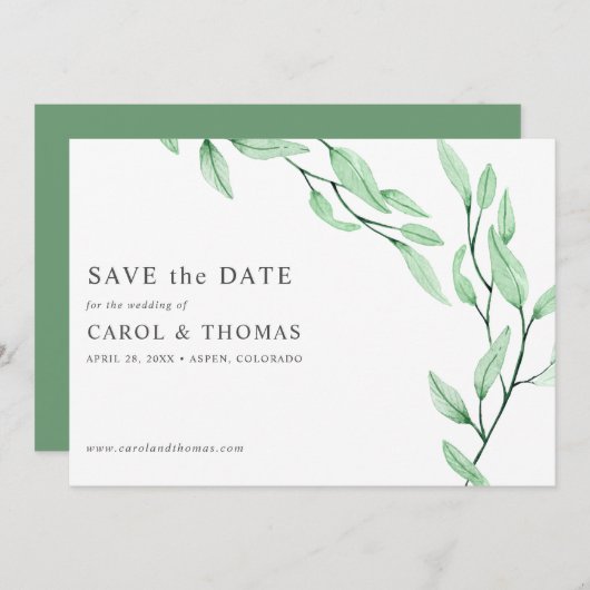 Ethereal Green | chic botanisch Save the Date Einladung (Vorne/Hinten)