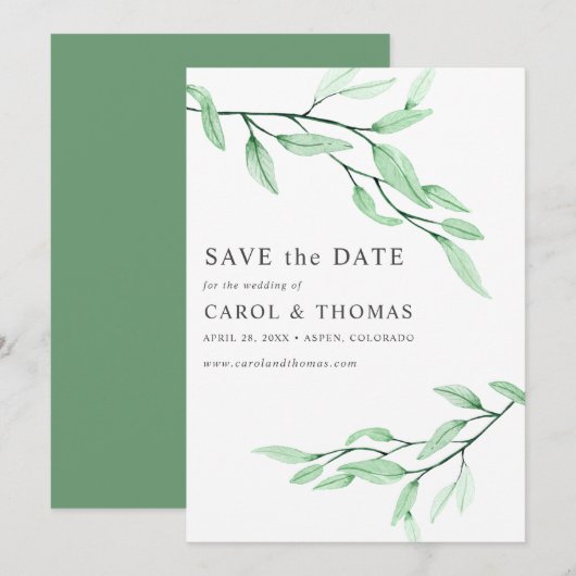 Ethereal Green | schick VERTICAL Save the Date Einladung (Vorne/Hinten)
