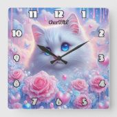 Ethereal Kitty: Rose, Träume, blaue Augen Quadratische Wanduhr (Vorderseite)