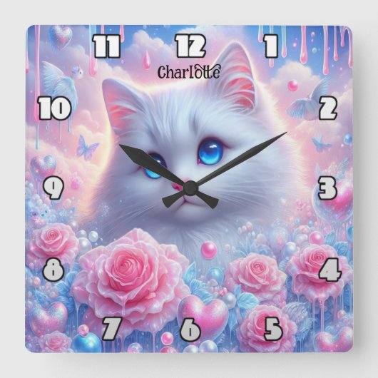 Ethereal Kitty: Rose, Träume, blaue Augen Quadratische Wanduhr (Vorderseite)