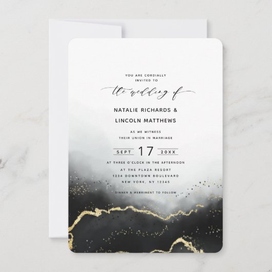 Ethereal Mist Ombre Black Gold Foil Script Hochzei Einladung (Vorderseite)