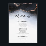 Ethereal Mist Ombre Navy Blue Edgy Gilded Dinner Menükarte<br><div class="desc">Ethereal Mist Ombre Navy Blue Watercolor Moody Wedding Design mit handgemalten Aquarellfarben misty waschen Hintergrund Textur verblasst, Rose Gold Folie aussehen Weinlinien, und Spuren von Konfetti Punkte und Kanten. Ein trendiger und moderner Look für jede Jahreszeit mit sanfter, verträumter Farbpalette : Schwarz, staubblau, grau, weiß und Rose Gold, mit einem...</div>