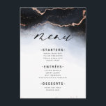 Ethereal Mist Ombre Navy Blue Edgy Gilded Dinner Menükarte<br><div class="desc">Ethereal Mist Ombre Navy Blue Watercolor Moody Wedding Design mit handgemalten Aquarellfarben misty waschen Hintergrund Textur verblasst, Rose Gold Folie aussehen Weinlinien, und Spuren von Konfetti Punkte und Kanten. Ein trendiger und moderner Look für jede Jahreszeit mit sanfter, verträumter Farbpalette : Schwarz, staubblau, grau, weiß und Rose Gold, mit einem...</div>