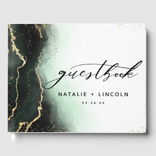 Ethereal Mist Ombre Smarald Green Gilded Wedding Gästebuch (Vorderseite)