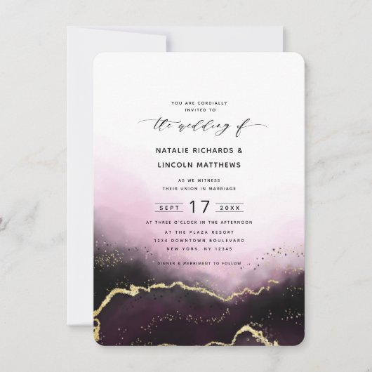 Ethereal Mist Ombre Wein Gold Foil Skript Hochzeit Einladung (Vorderseite)