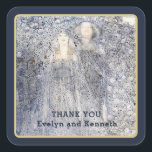 Ethereal Navy Vintage Art Nouveau Wedding  Quadratischer Aufkleber<br><div class="desc">Set a tone of timeless romance with this ethereal wedding invitation, featuring the iconic artwork 'The Silver Apples of the Moon' by renowned Scottish artist Margaret MacDonald Mackintosh (circa 1912). Inspired by the hauntingly beautiful poetry of W.B. Yeats, this design captures a dreamlike world in muted blue, silver, and gold...</div>