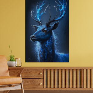 Ethereal Neon Stag   Mystic Blue Fantasy Deer Art  Poster