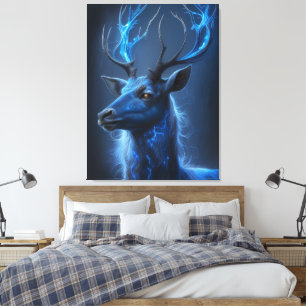 Ethereal Neon Stag   Mystic Blue Fantasy Deer Canv Leinwanddruck