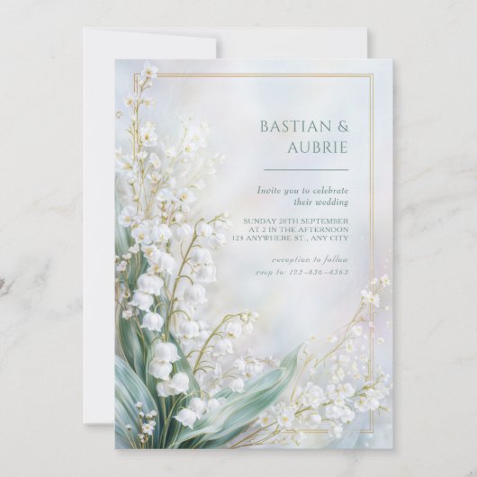 Ethereal Pastel Lily Valley Gold Frame Wedding Einladung (Vorderseite)